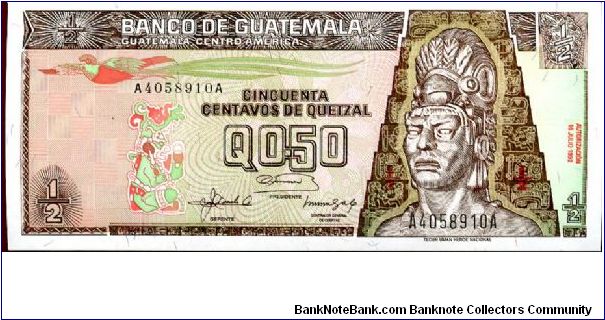 0.5 Quetzal
Brown/Green
Quetzal bird, seated figure & Tecun Uman  
Tikal Temple Banknote