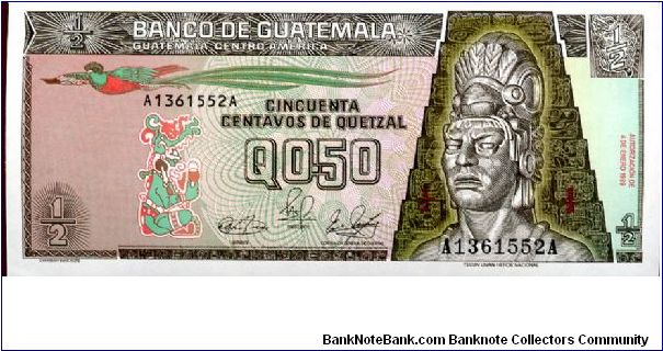 0.5 Quetzal
Brown/Green
Quetzal bird, seated figure & Tecun Uman  
Tikal Temple 
CBN Banknote
