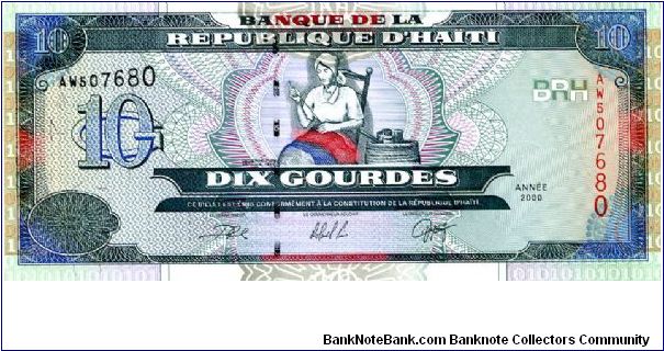 10 Gourdes
Blue/Red/Green
Catherine Flon, the goddaughter of Jean-Jacques Dessalines, sewing
the first Haitian flag on May 18, 1803
Coat of arms 
Security Thread
Watermark: Top of palm tree with Phrygian cap from Haitian coat of arms Banknote