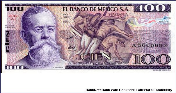 100 Pesos
Purple
Series VJ
V Carranza & La Trinchera - a mural painting by Jose
Clemente Orozco
Artifacts from Tula, Hidalgo; Chac Mool statue at Chichen Itza Banknote