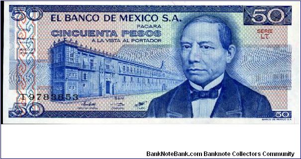 50 Pesos
Blue
Series LT
Building & Benito Pablo Juárez
Urna Zapoteca, Aztec God Banknote