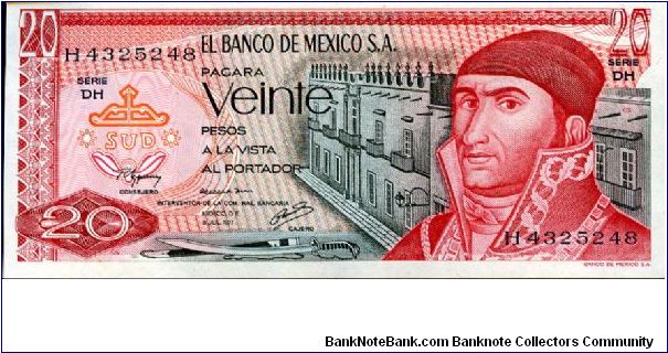 20 Pesos
Red/Gray
Series DH
José María Morelos y Pavón
Quetzalcoatl (Teotihuacan) pyramid. Banknote