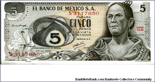 5 Pesos
Gray/Brown
Series 1AS
Golden eagle devouring a snake & Josefa Ortiz de Dominguez
Arcos de Queretaro; Queretaro city view Banknote