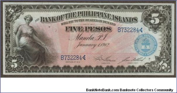 p7a 1912 5 Peso Bank of the Philippine Islands Banknote