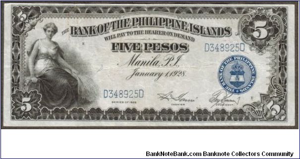 p16 1928 5 Peso Bank of the Philippine Islands Note Banknote