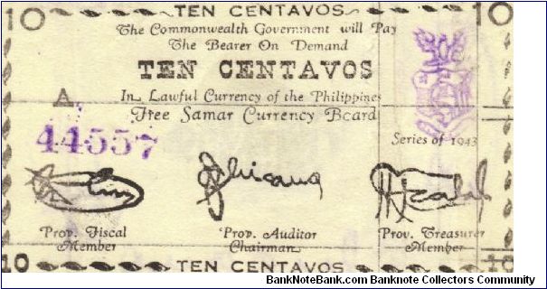 S-1101a Samar 10 centavos note. Banknote