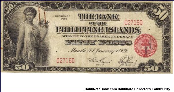 PI-19 RARE Bank of the Philippine Islands 50 Pesos note. Banknote