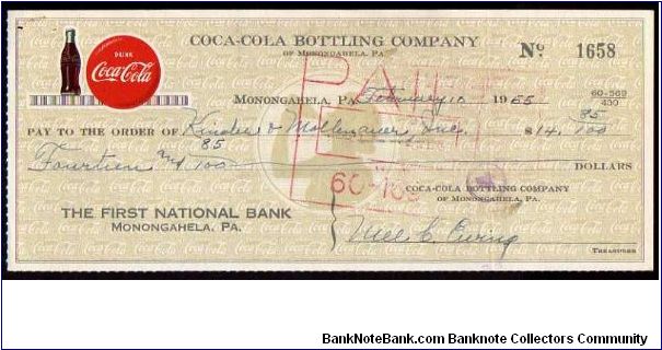 (Cheque)

14,85 Dollars
Pk NL

(Coca Cola Cheque 

Dated  
16 - 02 - 1955) Banknote