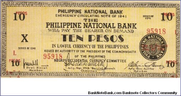 S-627b RARE Negros Occidental 10 Pesos note in series, 18 of 20. Banknote