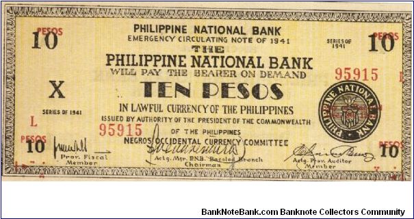 S-627b RARE Negros Occidental 10 Pesos note in series, 15 of 20. Banknote