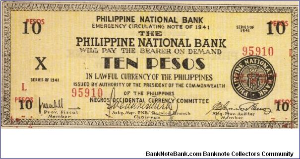 S-627b RARE Negros Occidental 10 Pesos note in series, 10 of 20. Banknote