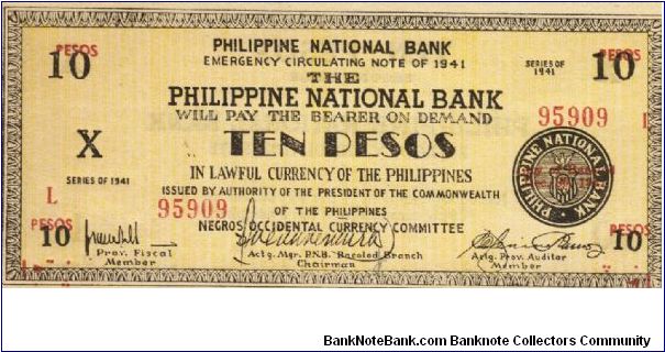 S-627b RARE Negros Occidental 10 Pesos note in series, 9 of 20. Banknote