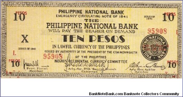 S-627b RARE Negros Occidental 10 Pesos note in series, 8 of 20. Banknote