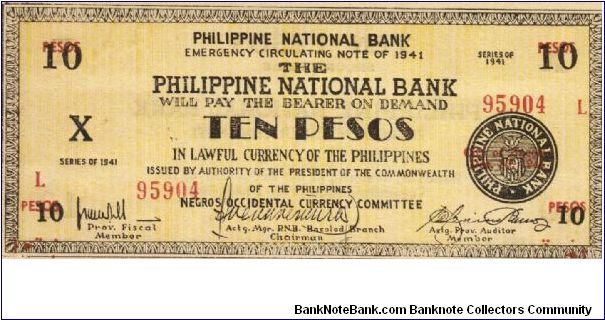 S-627b RARE Negros Occidental 10 Pesos note in series, 4 of 10. Banknote