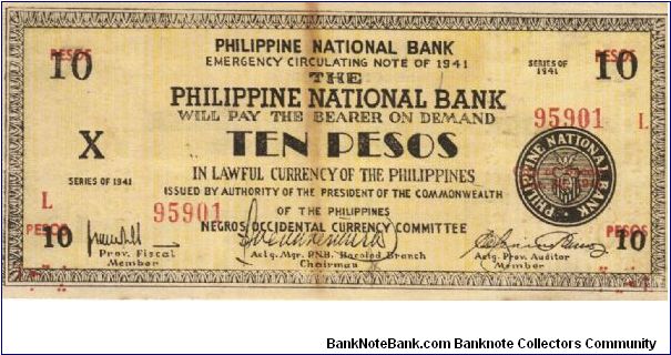 S-627b RARE Negros Occidental 10 Pesos note in series, 1 of 20. Banknote