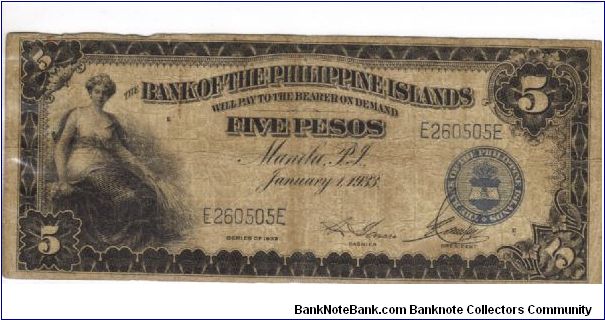 PI-22 Bank of the Philippine Islands 5 Peso note. I will trade this note for Philippine or Japan Occupation notes I need. Banknote