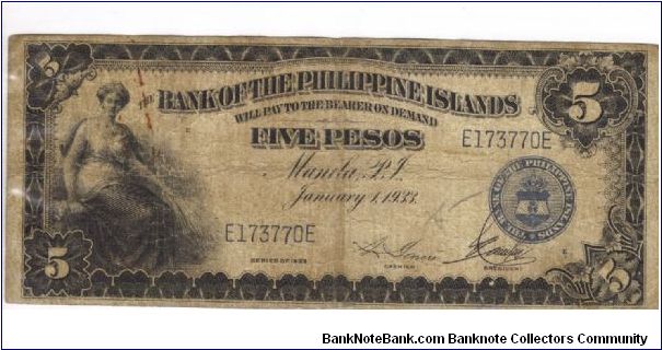 PI-22 Bank of the Philippine Islands 5 Pesos note. I will trade this note for Philippine or Japan Occupation notes I need. Banknote