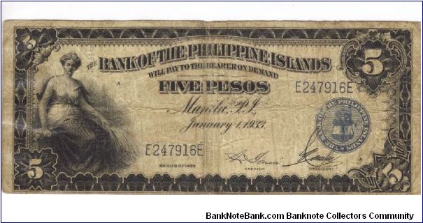 PI-22 Bank of the Philippine Islands 5 Pesos note. I will trade this note for Philippine or Japan Occupation notes I need. Banknote