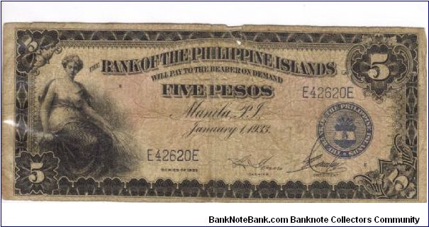 PI-22 Bank of the Philippine Islands 5 Pesos note. I will trade this note for Philippine or Japan Occupation notes I need. Banknote