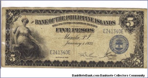 PI-22 Bank of the Philippine Islands 5 Pesos note. I will trade this note for Philippine or Japan Occupation notes I need. Banknote