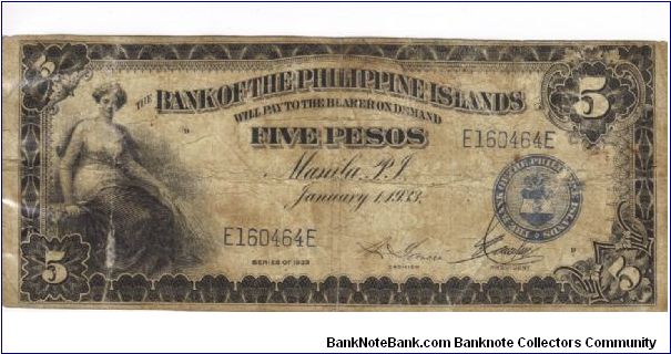 PI-22 Bank of the Philippine Islands 5 Pesos note. I will trade this note for Philippine or Japan Occupation notes I need. Banknote