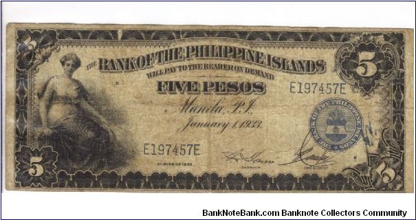 PI-22 Bank of the Philippine Islands 5 Pesos note. I will trade this note for Philippine or Japan Occupation notes I need. Banknote