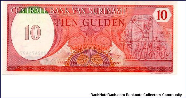 10 Gulden
Red
Value, Soldiers & women 
Value & Goverment Building
Wmk :toucan's head Banknote