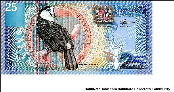 25 Gulden
Multi
Toucan & Coat of Arms, Mosquitoes
Mosquitoes, Couroupita Guianensis-Cannonball Tree 
Security thread
Wmk Bank building
De La Rue Banknote