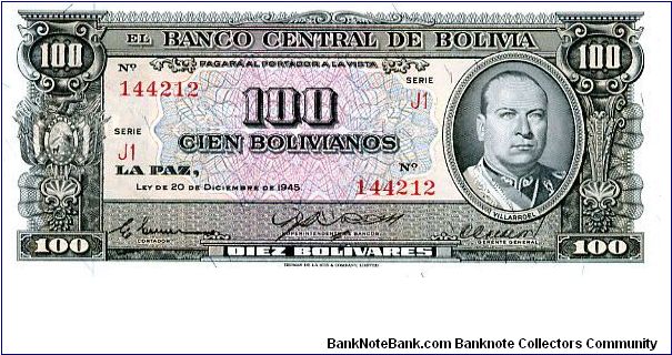 100 boliviano 
Black/Purple
Series J1
G Villarroel 
Oil refinery 
TDLR Banknote