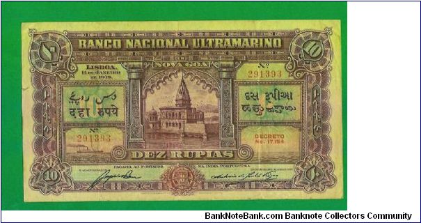 Portuguese India 10 rupiah 1938 very rare issue a VF + condition. Banknote