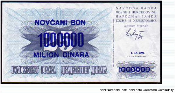 1'000'000 Dinara__
Pk 36__

Ovpt on 25 Dinara - o.d 1992
 Banknote
