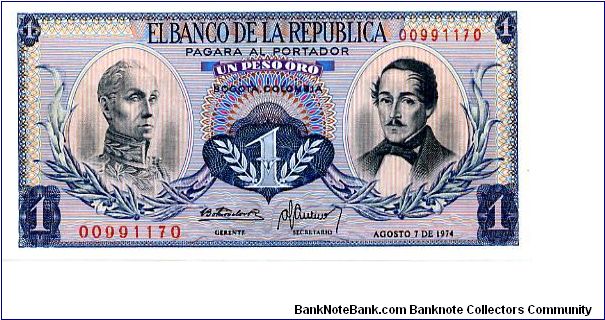 1 Peso
Blue/Pink
Simon Bolivar & Gen F de Paula Santander 
Liberty head, Condor & waterfall Banknote