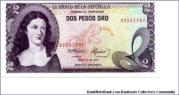 2 Peso
Purple/Brown
Policarpa Salavarietta.
Liberty head & El Dorado from the Gold Museum Banknote