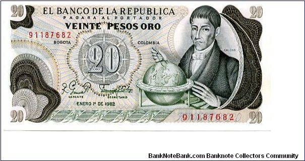 20 Pesos
Green/Brown
Francisco Jose de Caldas with globe 
Liberty head & Balsa Musica from Gold Museum Banknote