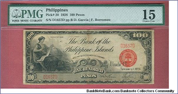 100 Pesos Bank of the Philippine Islands P-20 graded by PMG as Choice Fine 15. Banknote