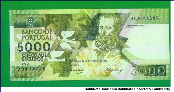 5.000 escudos 1987 UNC Antero de Quental Banknote