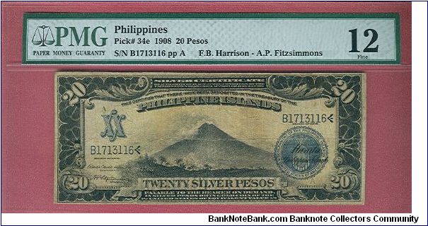 20 Pesos Silver Certificate P-34e graded by PMG as Fine 12. Banknote