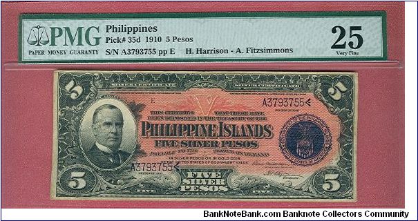 5 Pesos Silver Certificate P-35d graded by PMG as Very Fine 25. Banknote