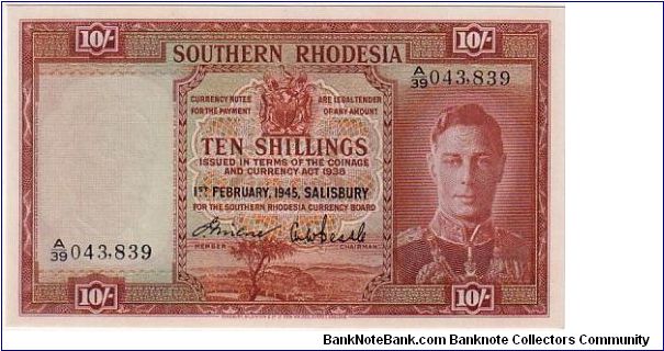 SOUTHERN RHODESIA-
 10/- FOR KGVI IN THE AFRICAN STATE Banknote