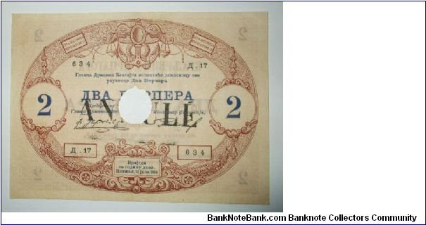 2 perper Montenegro 1914. canceled and with overprint ANNULE. rare Banknote