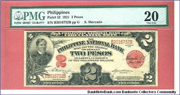 Two Pesos PNB Circulating Note P-52 graded by PMG as Very Fine 20. Banknote