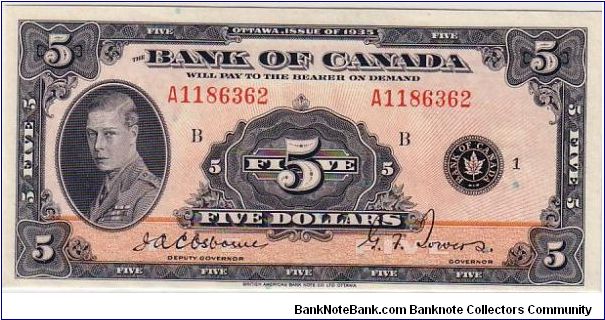 DOMINION OF CANADA-
 5 DOLLARS FOR KGVI Banknote