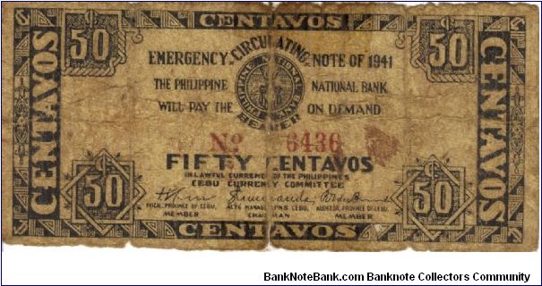 S-214 Philippine National Bank - Cebu 50 centavos note. Banknote