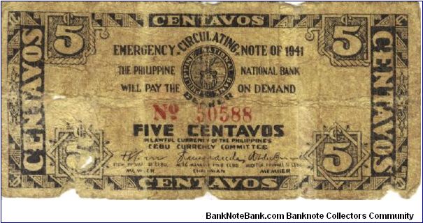 S-211 Philippine National Bank - Cebu 5 centavos note. I will trade this note for notes I need. Banknote