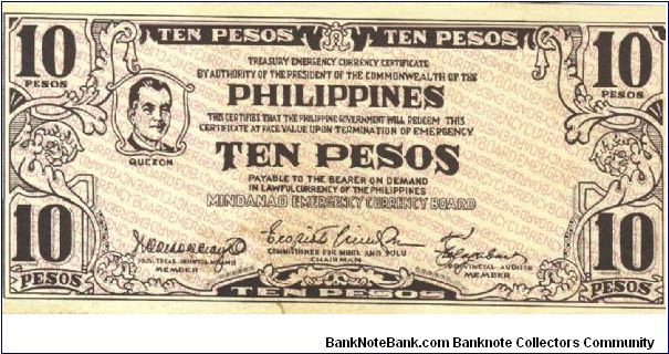 S-473 Mindanao 10 Pesos unissued remainder note with not serial number or seal. Banknote