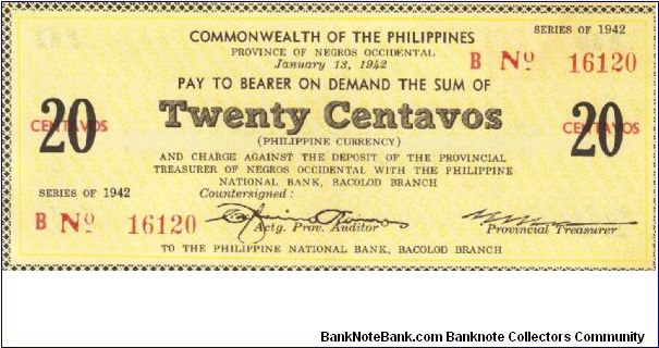 S-630A RARE Commonwealth of the Philippines 20 Centavos note. Banknote