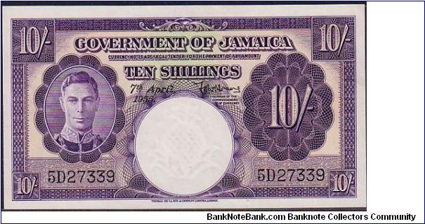 GOVERNMENT OF JAMAICA.-
 10/- Banknote