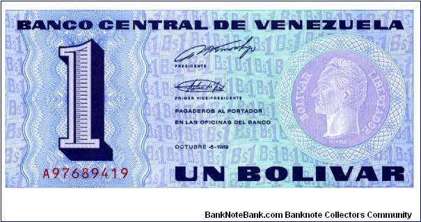 1 Bolivar
Purple/Green
Value & Simon Bolivar 
Coat of arms & value Banknote