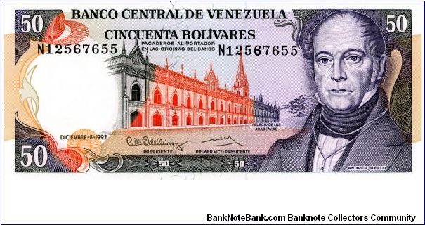 50 Bolivares 
Purple/Orange
Palace of Acadimia & Andres Bello
Central Bank
Wtmrk A Bello Banknote