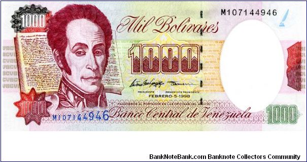 1000 Bolivares
Purple/Green 
Feb 1998
News paper & Simon Bolivar
Coat of arms, Orchid, Mountains & Panteon Nacional
Wtmark S Bolivar Banknote